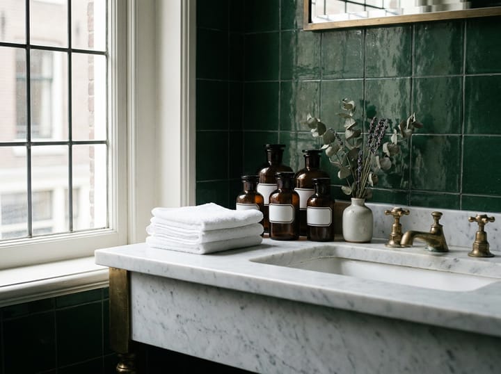 Honed marble washstand with unlacquered brass taps and amber apothecary bottles