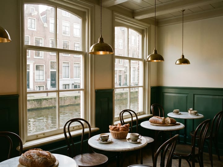 The breakfast salon: marble tables and bentwood chairs by tall canal windows