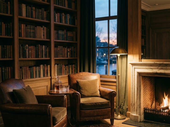 The reading salon: leather club chairs by the marble fireplace, bookshelves and low brass lamplight