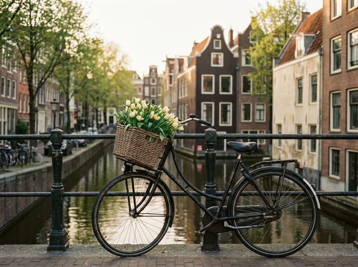 A black Dutch bicycle with a basket of flowers leaning on a canal bridge railing