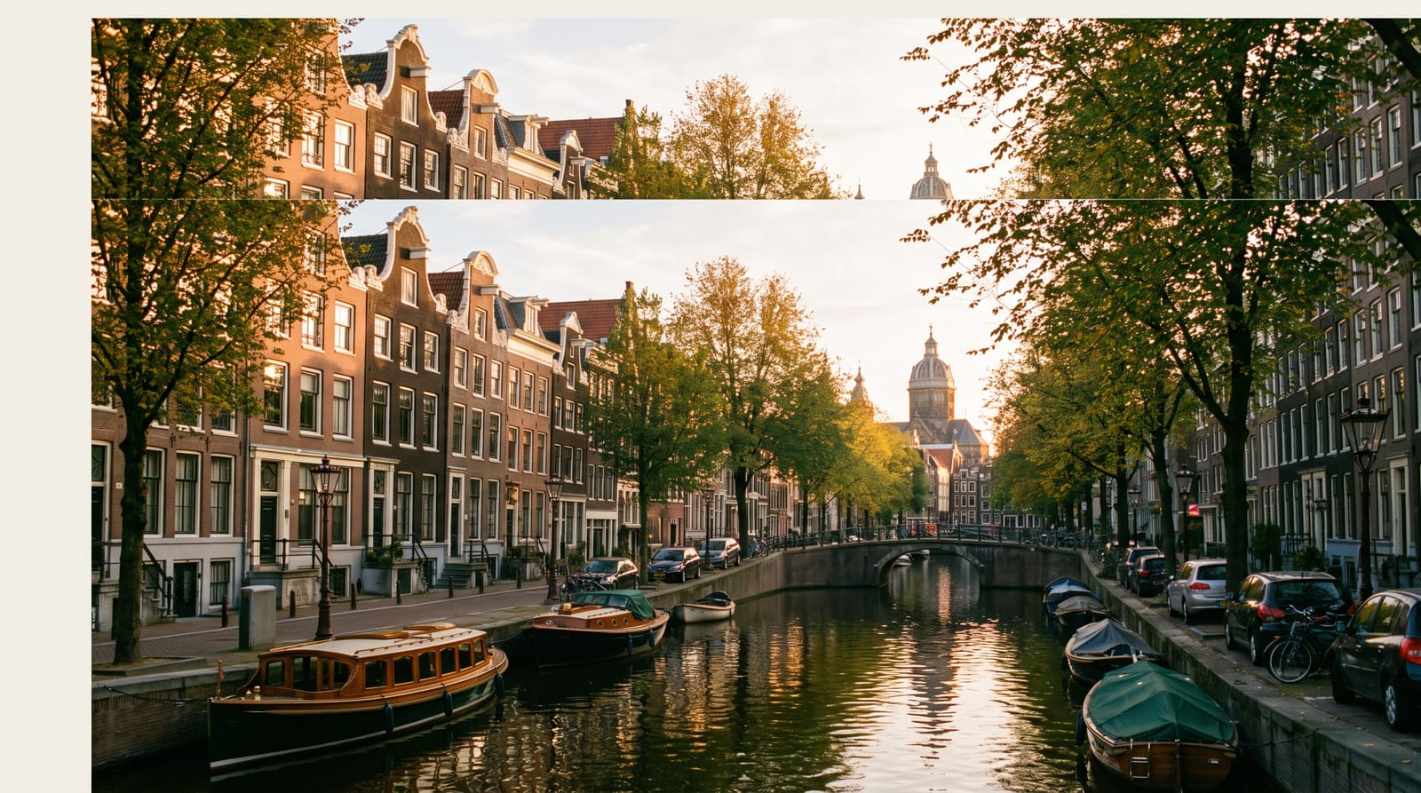 Golden-hour view down an Amsterdam canal: brick gables, moored boats and calm water catching the last light