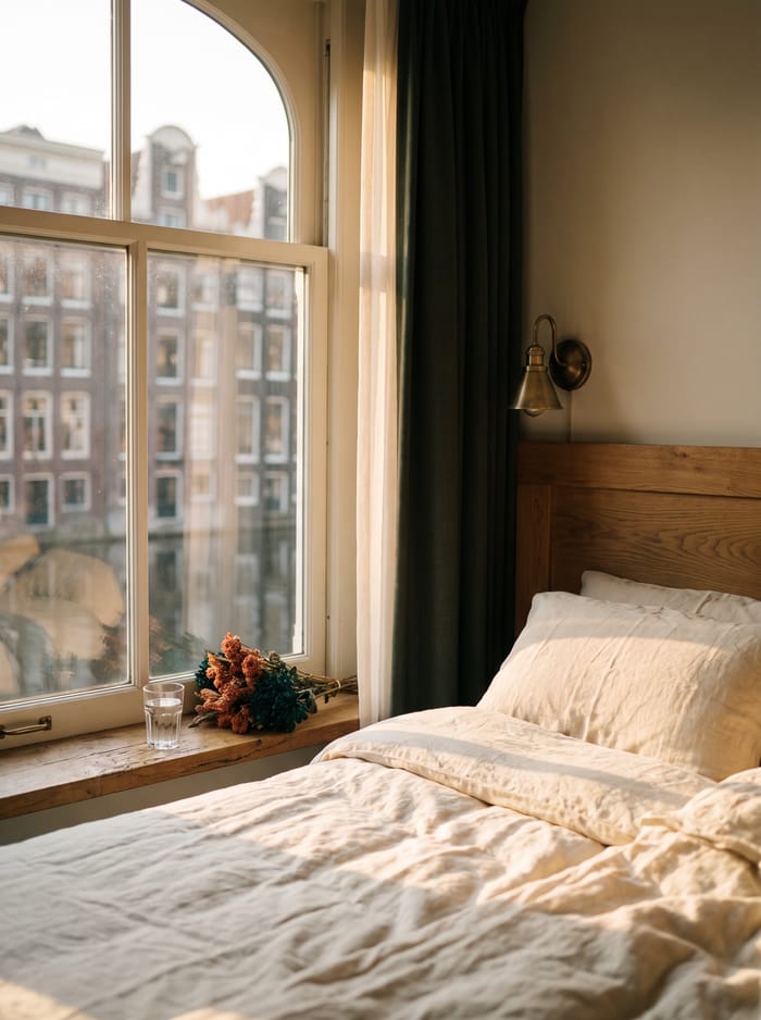 A linen-dressed bed beside a tall canal-house window, brass sconce glowing above the oak sill