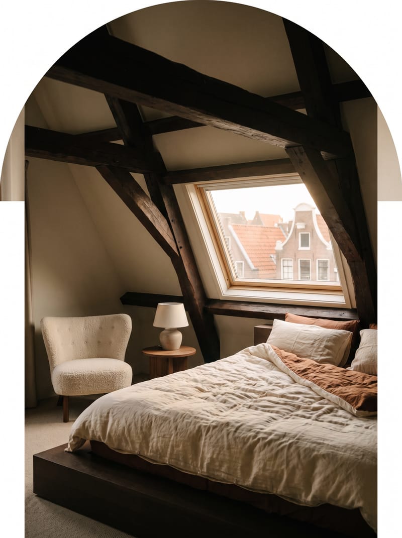 Attic loft under dark timber beams with a dormer window over the rooftops