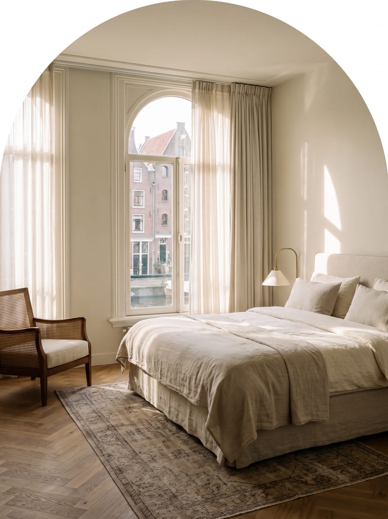 Cream and oak guest room with a tall window onto the canal