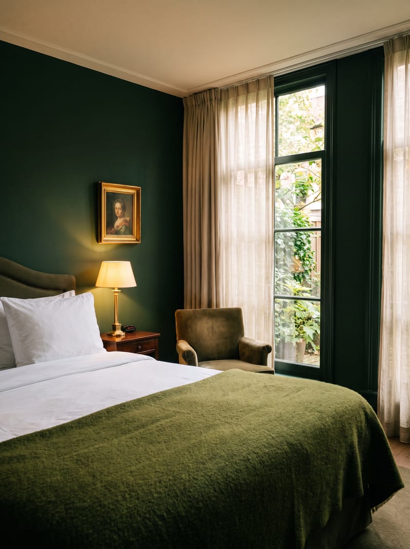 Pine-green guest room with brass lamps and a window onto the courtyard trees